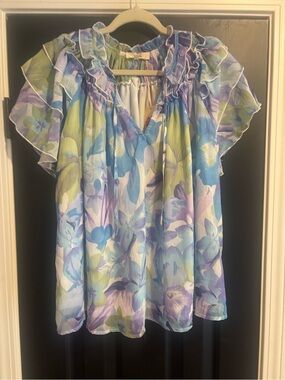 entro Floral Ruffle-Sleeve Blouse in Blue, Lavender & Green